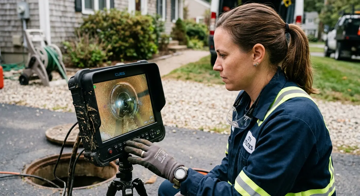 Technician reviewing sewer camera inspection footage in Hanford