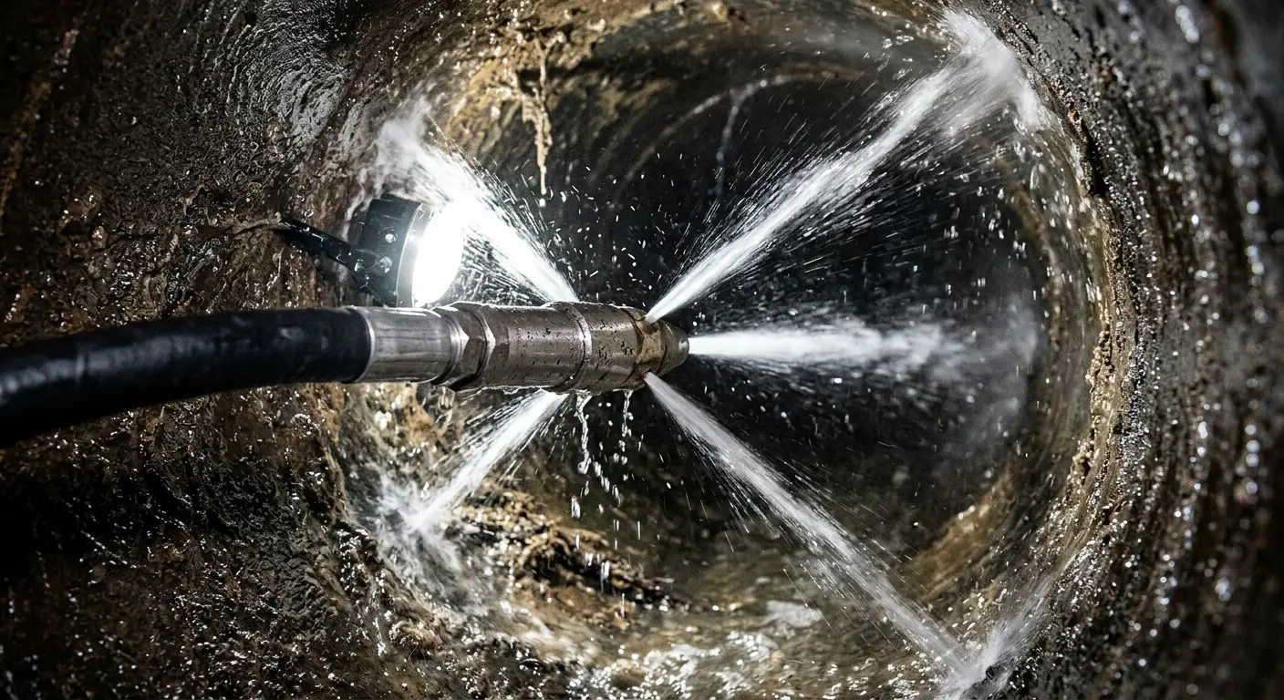 High-pressure hydro jetting nozzle cleaning sewer pipe for Sewer Cleanout in Hanford
