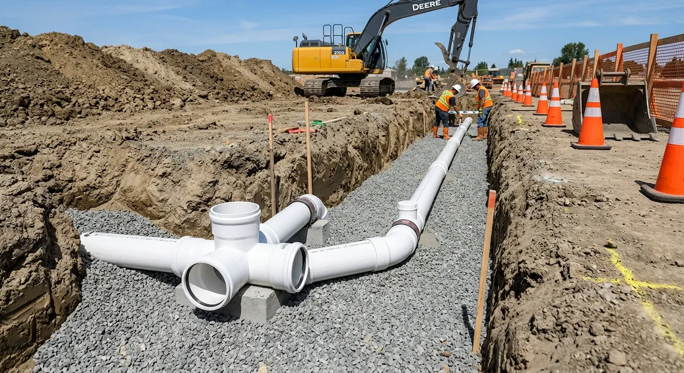 New PVC sewer pipe installation in open trench for Commercial Drain Cleaning in Hanford