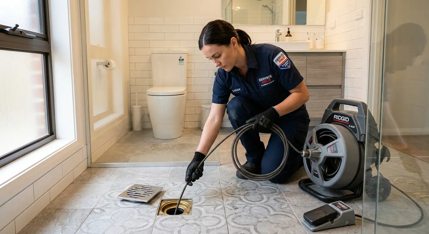 Technician clearing a bathroom floor drain for Sewer Line Replacement in Hanford
